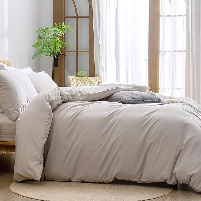 BESTOUCH Duvet Cover Set 100% Washed Cotton Linen Feel Super Soft Comfortable Chic Lightweight 2 PCs Home Bedding Set Solid Linen Grey Twin/Twin XL