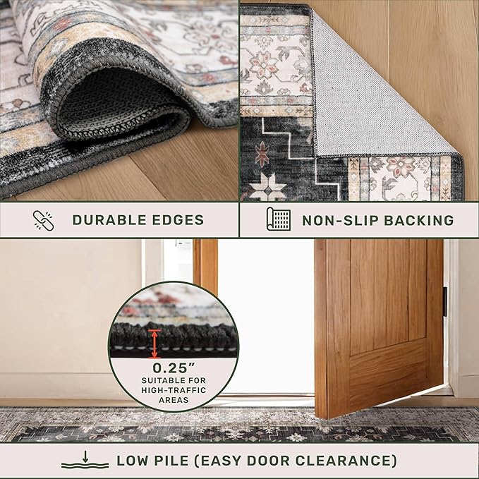 Black Boho Washable 3x16 Extra Long Runner Rug for Hallway, Waterproof Large Kitchen Floor Rug, Non-Slip Stain & Fade Resistant, Vintage Floral Decor