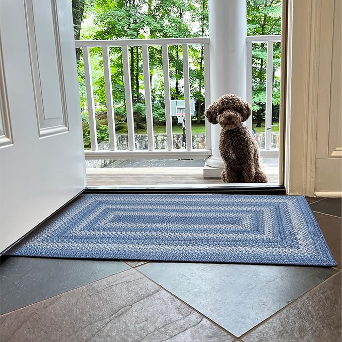 Homespice Denim Premium Jute Braided Area Rug, 27" x 45" Rectangular Blue - Navy - White, Reversible, Natural Jute Yarn Rustic, Country, Primitive, Farmhouse Style - 30 Day Risk Free Purchase