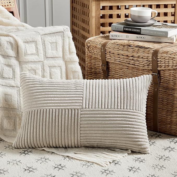 Fancy Homi 2 Packs Neutral Taupe Lumbar Decorative Throw Pillow Covers 12x24 - Image 2