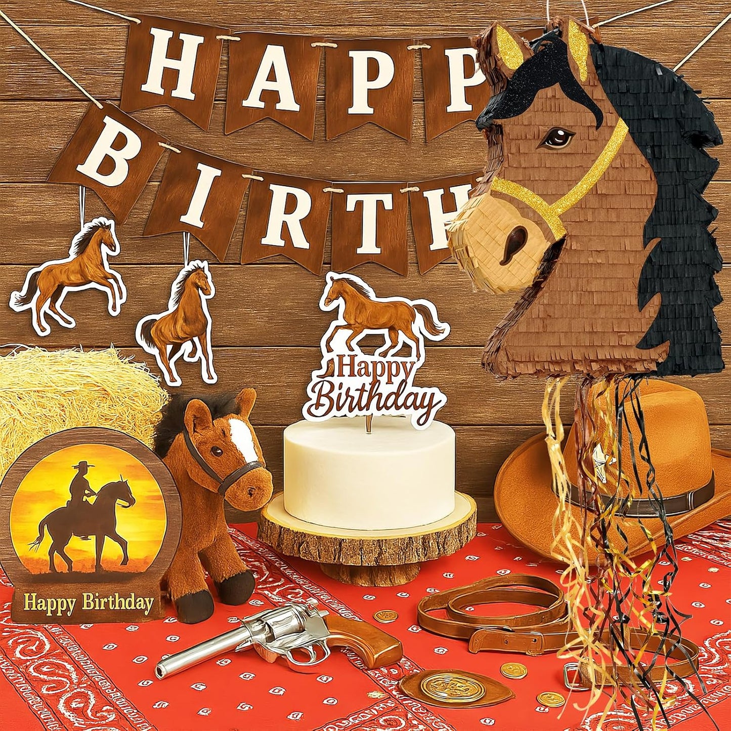 WERNNSAI Horse Piñata - Brown Horse Party Decorations Hanging Cowboy Piñata with Blindfold and Bat Western Cowboy Party Favors for Kids Boys Classroom Activities Game