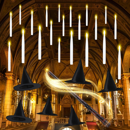 JOYIN 20Pcs Halloween Floating Candles and Witch Hat Light Up with Wand Remote Set Magic Hanging Candles and Wizard Hat with 2 Light Mode and Timer for Halloween Window Ceiling Porch Theme Party Decor