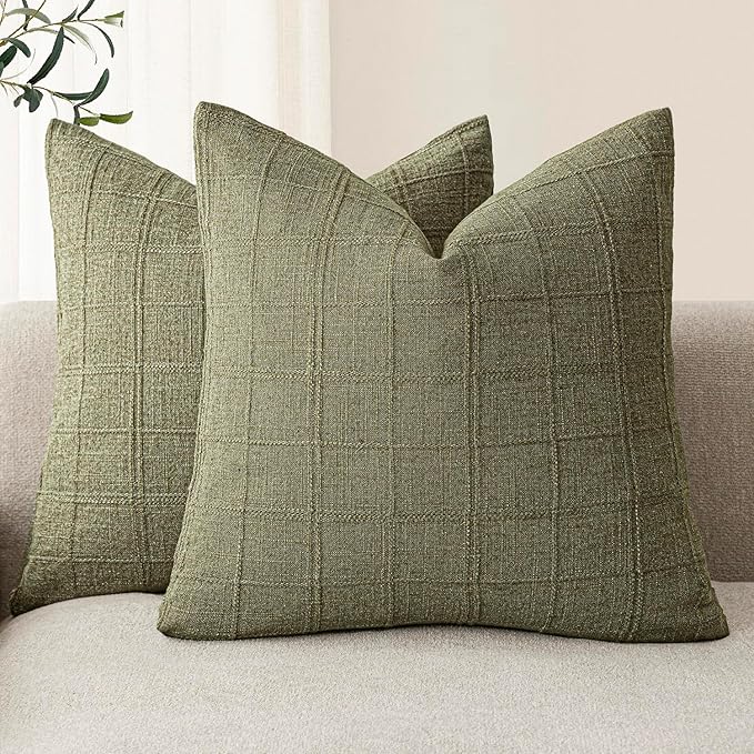 Foindtower Set of 2 Decorative Linen Check Throw Pillow Covers Neutral Farmhouse Vintage Cushion Covers Modern Boho Home Decor for Sofa Chair Couch Bedroom Living Room Outdoor,20×20 Inch,Sage Green