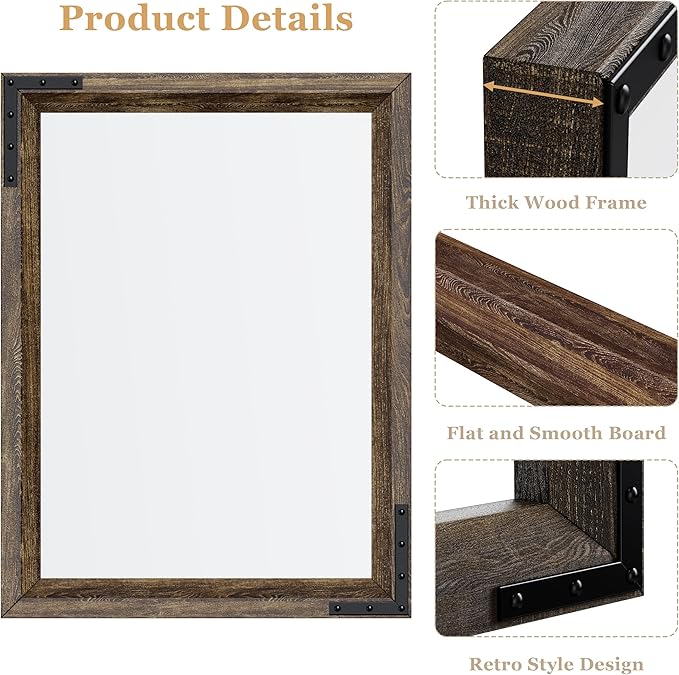 YOSHOOT Farmhouse Bathroom Mirror, Rustic Wooden Framed Mirror, Wood Vanity Mirror, Solid Wood & Handmade, Vertical or Horizontal Hanging for Bathroom Entryway Living Room Bedroom, 48" x 30", Brown