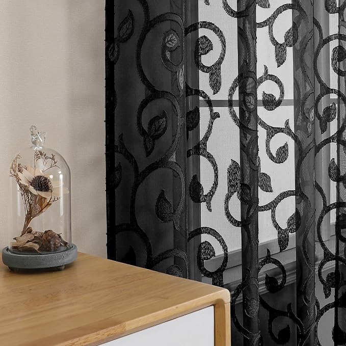 OWENIE Furman Black Sheer Curtains 72 inches Long 2 Panels Set, Light Filtering - Image 2