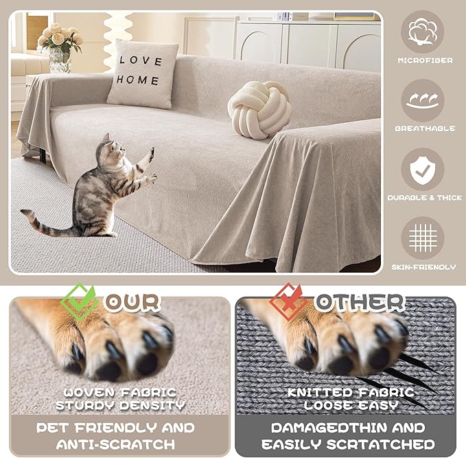MYSKY HOME Sofa Cover, Couch Covers for Pet Couch Cover Reclining Couch Covers Loveseat Covers for 2 Cushion Couch Thick Durable Sofa Covers for Furniture Couch Cover, 71" x 102", Oat