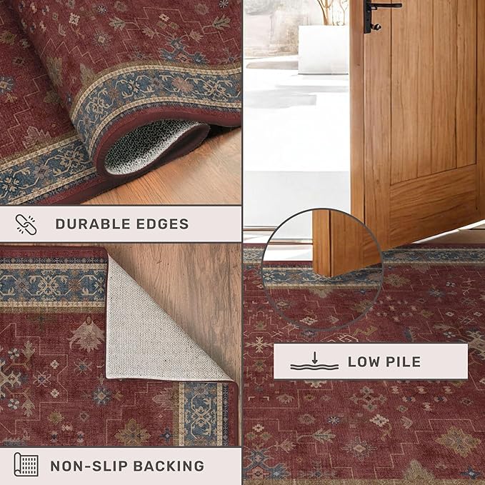 Moroccan Big Rugs for Living Room - Dark Red 10 x 14 Area Rug for Large Bedroom, Dining Room, Washable Lightweight Low Pile Foldable Oriental Burgendy Home Décor