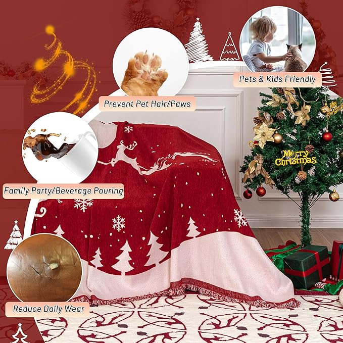 MYSKY HOME Christmas Chenille Sofa Slipcover Couch Covers for Sectional l Shaped Couch Pets Protector Furniture Covers Futon Cover Super Soft Washable Couch Covers for 2 Cushion, 71"x102", Red