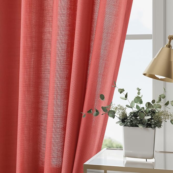 Nanspring Watermelon Red Linen Curtains 102 Inches Long 2 Panels, Back Tab Rod - Image 2