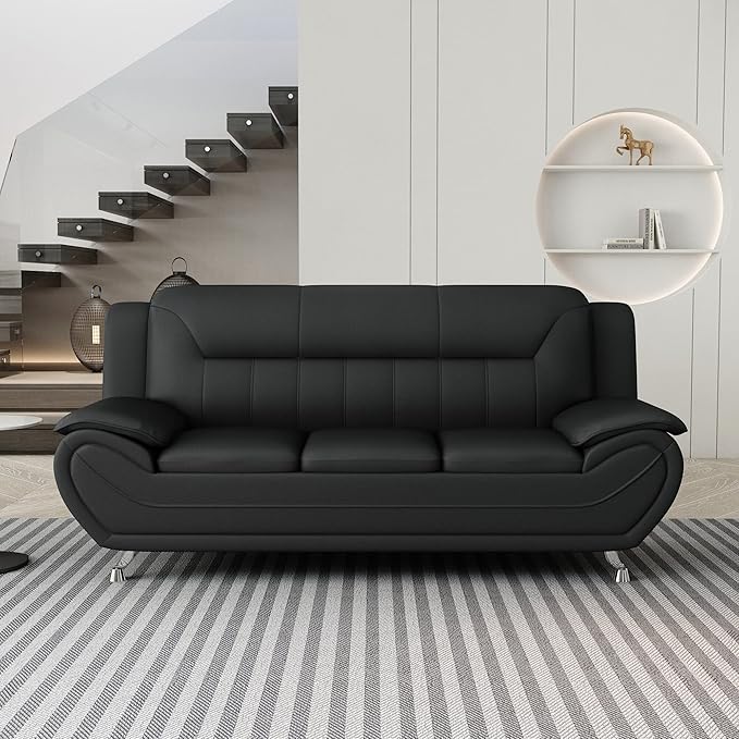 Container Furniture Direct Michael Modern Faux Leather Upholstered Stainless Steel Legs Living Room, Chair, Loveseat, Sofa, Soft Beige/Black