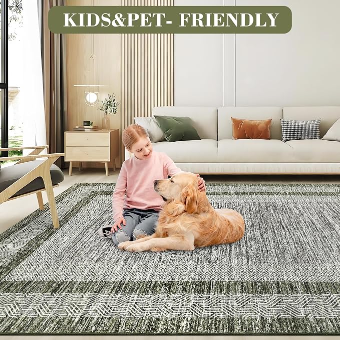 GarveeHome 9x12 Large Modern Green Area Rug Distressed Bordered Rug Soft Non - Image 5