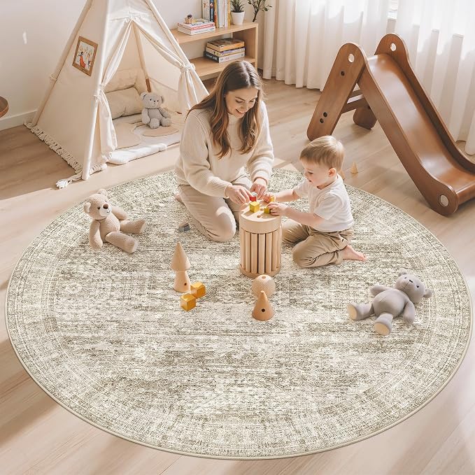 6x6 Brown Round Rug 6ft Living Room Circle Rug Vintage Round Area Rug Non Slip - Image 3