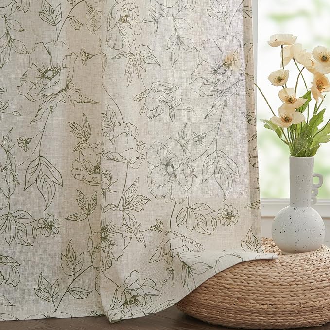 jinchan Floral Linen Curtains for Living Room 96 Inch Length Green Flower - Image 7