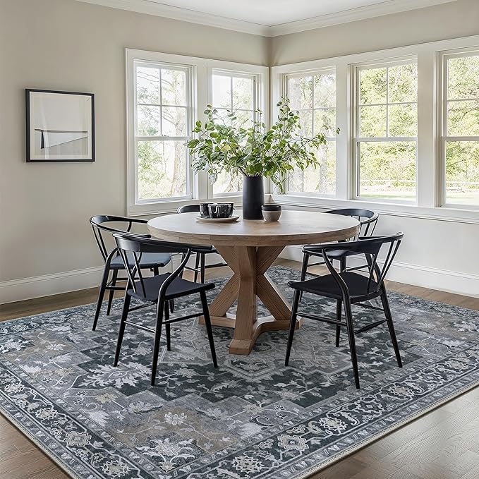 GENIMO 10x12 Area Rugs for Living Room, Machine Washable Non Slip Vintage Rugs, Low Pile Lightweight Chenille Print Rug for Bedroom, Dining Room, Home Office,Dark Gray