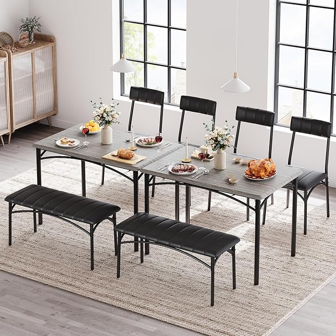 GAOMON Dining Table Set for 4 with Upholstered Bench and 2 Chairs, Rectangular Dining Room Table Set for 4 for Small Space, Apartment, Dinner, Rustic Gray