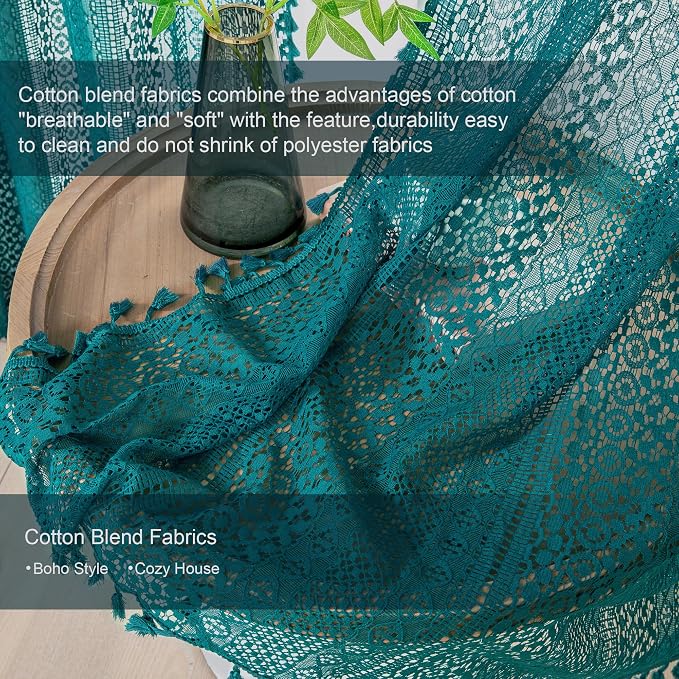 WAZZIO Boho Lace Curtains 63 Inches 2 Panel, Light Filtering Privacy Tassel & - Image 3
