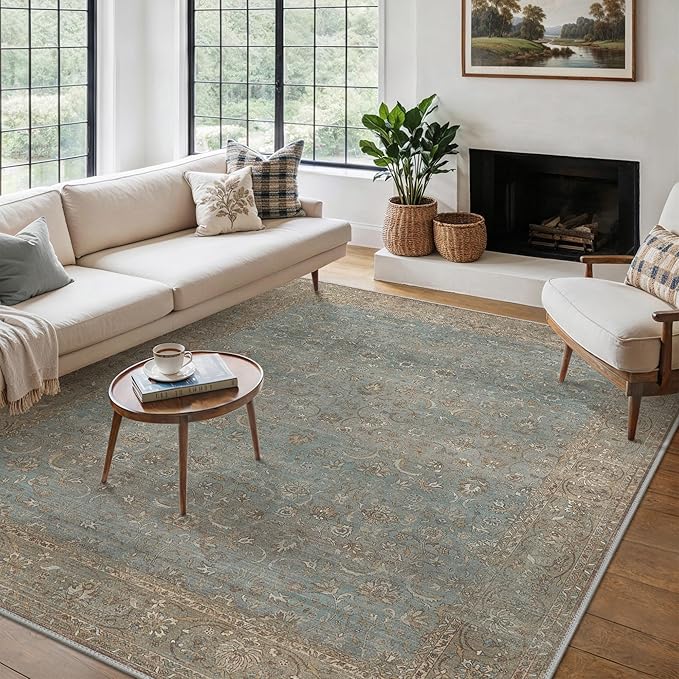 8X10 Area Rugs Machine Washable Rugs for Living Room, Vintage Boho Large Rugs for Bedroom Dining Room, Non Slip Indoor Soft Distressed Lightweight Thin Low Pile Carpet, Weathered Teal