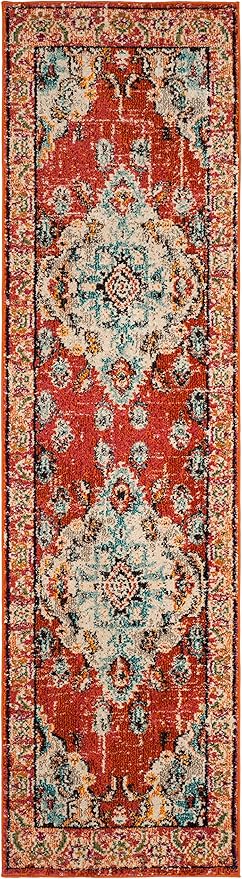 SAFAVIEH Monaco Collection Runner Rug - 2'2" x 12', Orange & Light Blue, Boho Chic Medallion Distressed Design, Non-Shedding & Easy Care, Ideal for High Traffic Areas in Living Room, Bedroom (MNC243H)