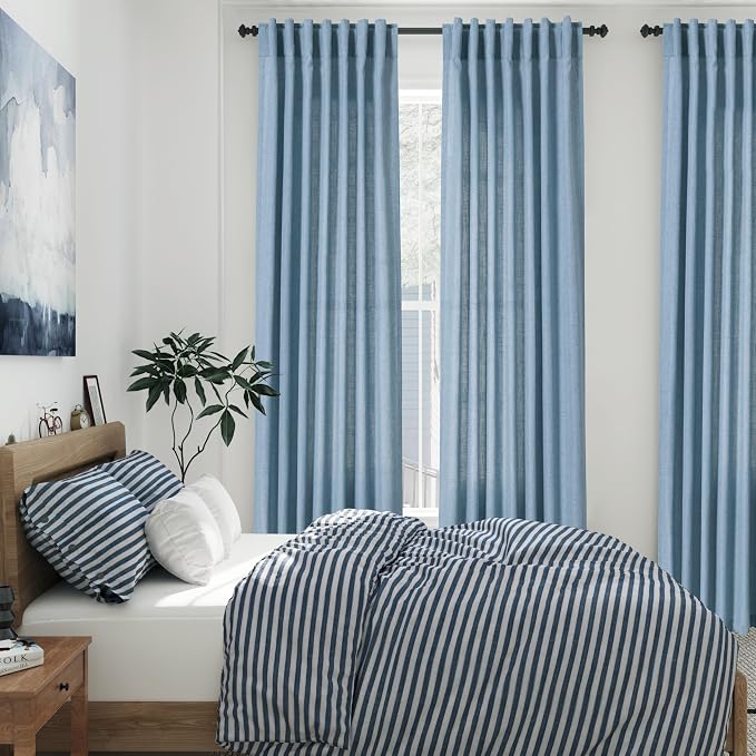 Blue Linen Blend Drapes 84 Inch Length 2 Panels Set Back Tab Rod Pocket Light - Image 7