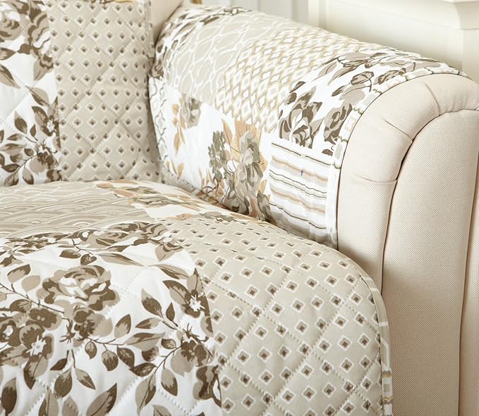 Great Bay Home Patchwork Scalloped Printed Furniture Protector Stain Resistant Loveseat Cover (Loveseat, Taupe)