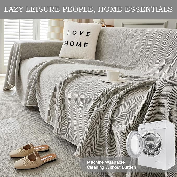 STACYPIK Silver Gray Sofa Cover for Dogs, Herringbone Couch Cover for Sectional, Pets Protector for 3 Cushion Couch, Washable Anti-Slip Loveseat Cushion Cover with Tassel, Multi-Use Blankets-71X134IN