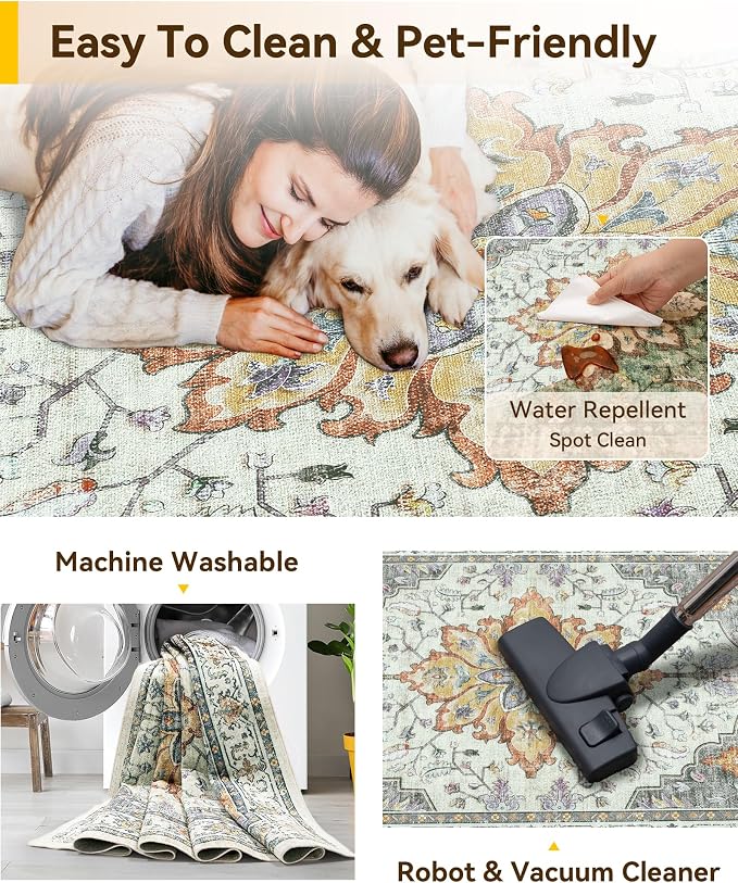 Area Rugs Square 7ft Washable Non-Slip, Floral Vintage Distress Print Pattern - Image 3
