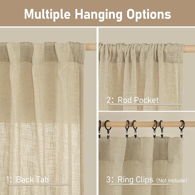LAMIT 60 Inch Length Window Linen Curtains, Semi Sheer Light Filtering Panels - Image 3