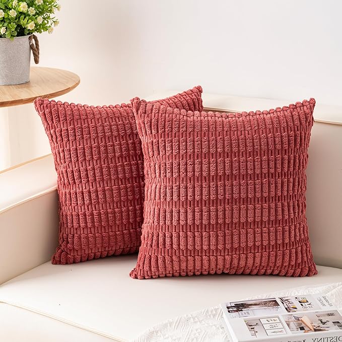 Pack of 2 Corduroy Decorative Throw Pillow Covers 16x16 Inch Soft Striped by Unknown