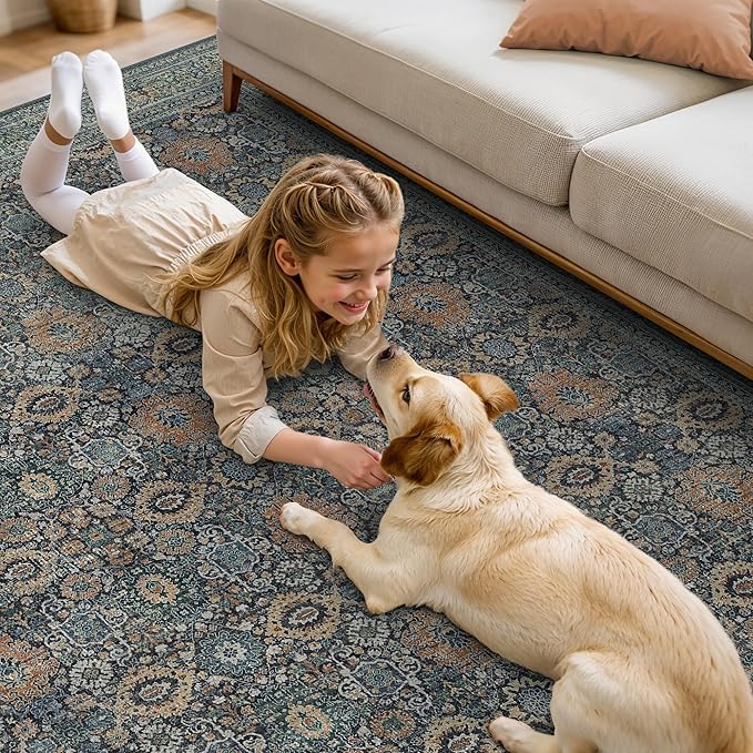 8X10 Area Rugs Machine Washable Rugs for Living Room, Vintage Boho Large Rugs for Bedroom Dining Room, Non Slip Indoor Soft Distressed Lightweight Thin Low Pile Carpet, Beige Blue Grey