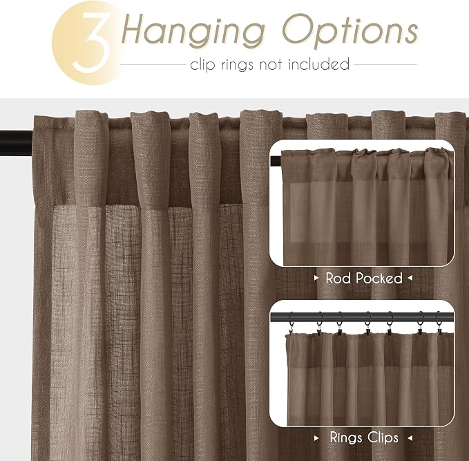 Chocolate Brown Linen Curtain 84 inch Length 2 Panels Set Back Tab Light - Image 2