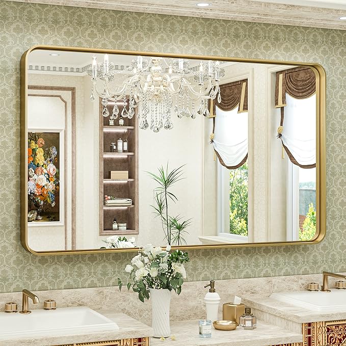 TokeShimi Gold Bathroom Mirror for Wall 48 x 30 Inch Metal Rounded Corner Rectangle Mirror Wall Mirror in Aluminum Alloy Metal Frame Deep Set Design Hangs Horizontal Or Vertical