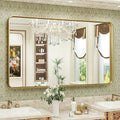 TokeShimi Gold Bathroom Mirror for Wall 48 x 30 Inch Metal Rounded Corner Rectangle Mirror Wall Mirror in Aluminum Alloy Metal Frame Deep Set Design Hangs Horizontal Or Vertical