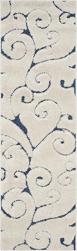 SAFAVIEH Florida Shag Collection Runner Rug - 2'3" x 11', Cream & Blue, Scroll Design, Non-Shedding & Easy Care, 1.2-inch Thick Ideal for High Traffic Areas in Living Room, Bedroom (SG455-1165)