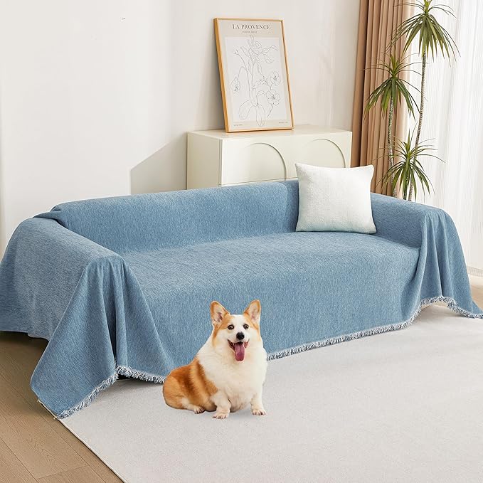 MYSKY HOME Dog Couch Cover Sofa Covers Sectional Couch Covers for 2 Cushion Couch Sofa Chenille Couch Cover Bedroom Futon Couch Cover L Shape Sofa Cover Pet Couch Cover, 71" x 118", Dark Blue