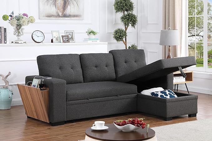 Ball & Cast L-Shape Reversible Sectional Sleeper Sofa Bed 4 in 1 Pull Out Couch with Storage Chaise USB Ports & Cup Holder Convertible Sleeper Corner Couch Pull-Out Sofa Bed for Living Room Office