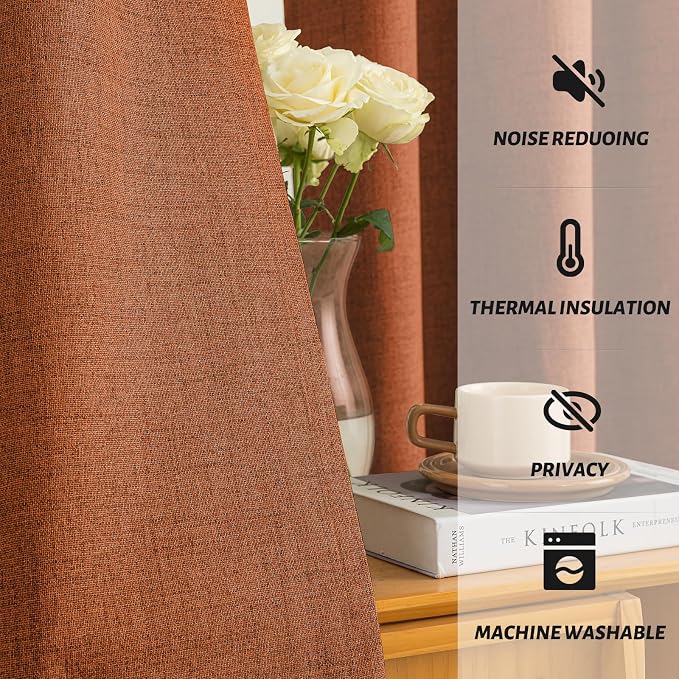 Yakamok Burnt Orange Linen Curtains 100% Blackout 72 Inches Long, Room - Image 5