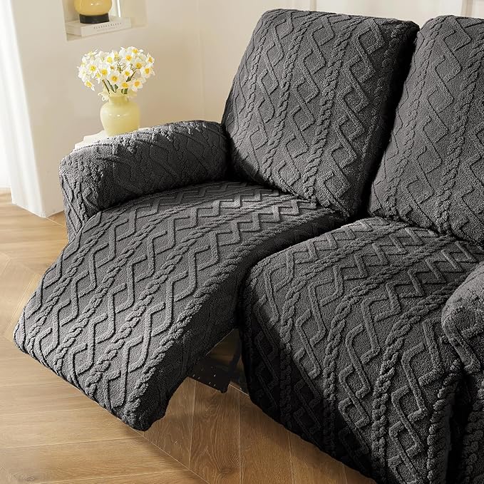 vctops 6 Pieces Geometric Jacquard Plush Recliner Loveseat Slipcovers Soft Fuzzy Fluffy Sofa Couch Cover Anti-Slip Furniture Protector with Elastic Bottom for Kids Cats Dogs(Dark Grey,2 Seat)
