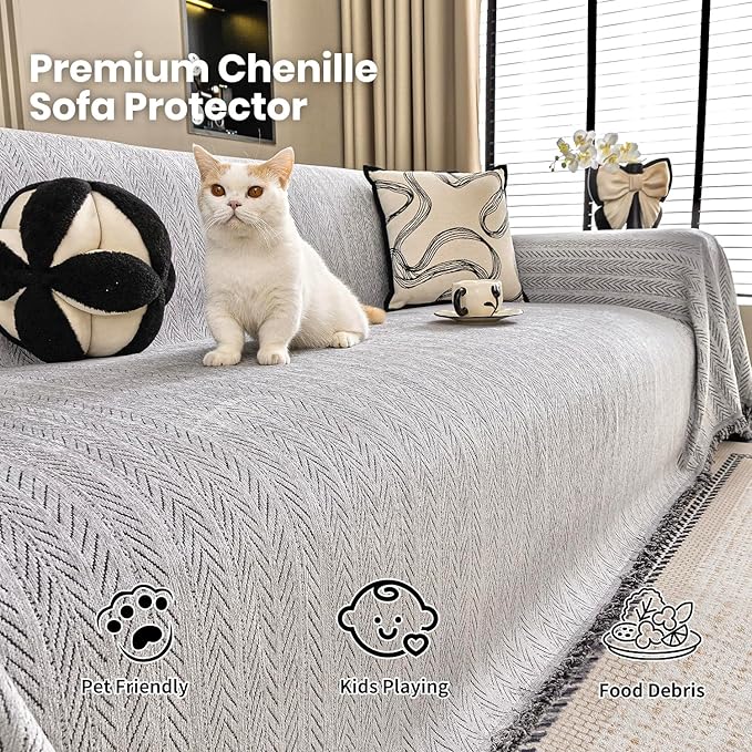 Nobildonna Sofa Chair Cover Waterproof Soft Thicken Chenille Cushion Couch Cover with Tassels,Washable Sofa Slipcovers for Armchair Recliner Sectional Furniture Protector, Gray 71"x71"