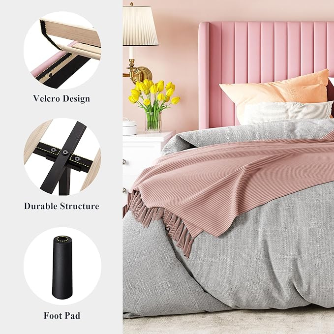 Allewie Full Size Velvet Bed Frame/Vertical Channel Tufted Wingback Headboard/Upholstered Platform Bed/Strong Wooden Slats/No Box Spring Needed/Easy Assembly/Pink