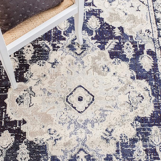 SAFAVIEH Monaco Collection Runner Rug - 2'2" x 8', Ivory & Navy, Boho Chic Medallion Distressed Design, Non-Shedding & Easy Care, Ideal for High Traffic Areas in Living Room, Bedroom (MNC243C)