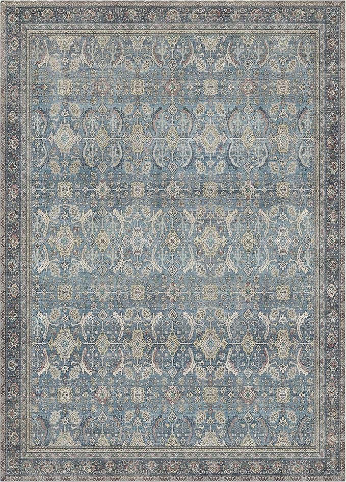 6X9 Area Rugs Machine Washable Rugs for Living Room, Vintage Boho Large Rugs for Bedroom Dining Room, Non Slip Indoor Soft Distressed Lightweight Thin Low Pile Carpet, Vintage Blue
