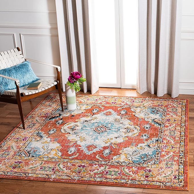 SAFAVIEH Monaco Collection Area Rug - 5' Square, Orange & Light Blue, Boho Chic Medallion Distressed Design, Non-Shedding & Easy Care, Ideal for High Traffic Areas in Living Room, Bedroom (MNC243H)