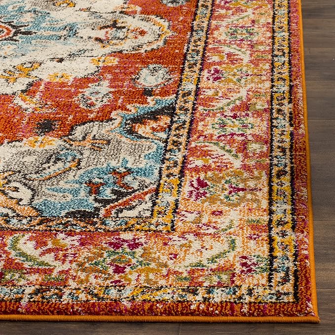 SAFAVIEH Monaco Collection Area Rug - 6'7" Square, Orange & Light Blue, Boho Chic Medallion Distressed Design, Non-Shedding & Easy Care, Ideal for High Traffic Areas in Living Room, Bedroom (MNC243H)