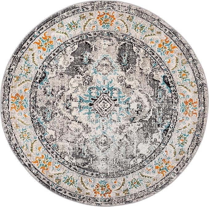 SAFAVIEH Monaco Collection Area Rug - 11' Round, Grey & Light Blue, Boho Chic Medallion Distressed Design, Non-Shedding & Easy Care, Ideal for High Traffic Areas in Living Room, Bedroom (MNC243G)