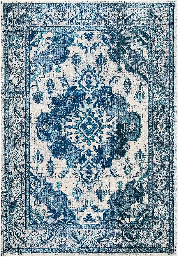 SAFAVIEH Monaco Collection MNC243A Boho Chic Medallion Distressed Non-Shedding Living Room Bedroom Accent Area Rug, 3' x 5', Ivory / Blue