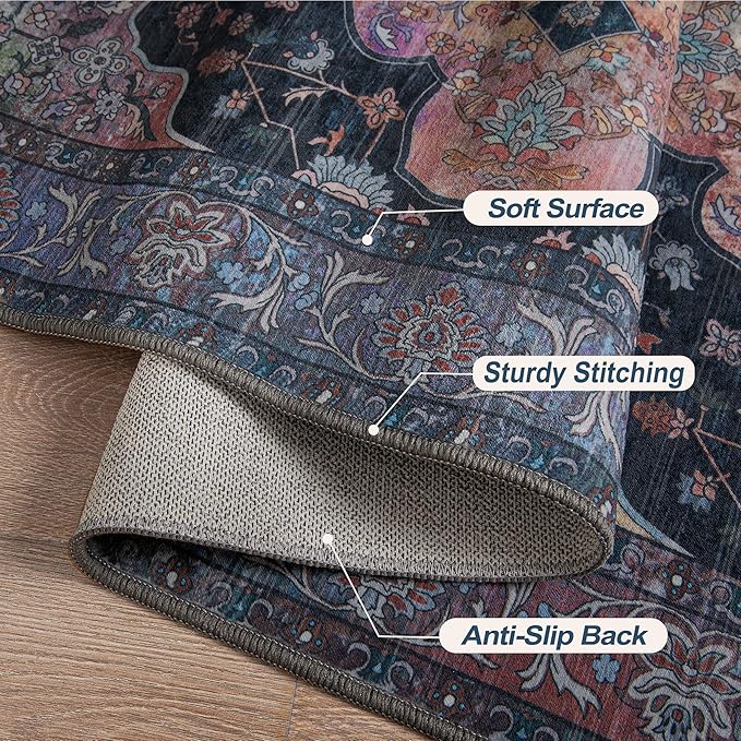 Tangsoo 2x5 Washable Runner Rug for Hallways, Non Slip Vintage Runner, Soft Low Pile Long Rug Runner, Print Distressed Navy/Mlulti Carpet Runners for Kitchen Bedroom Entryway Bathroom Living Room