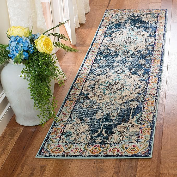 SAFAVIEH Monaco Collection Runner Rug - 2'2" x 8', Navy & Light Blue, Boho Chic Medallion Distressed Design, Non-Shedding & Easy Care, Ideal for High Traffic Areas in Living Room, Bedroom (MNC243N)