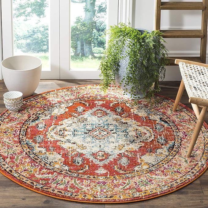 SAFAVIEH Monaco Collection Area Rug - 3' Round, Orange & Light Blue, Boho Chic Medallion Distressed Design, Non-Shedding & Easy Care, Ideal for High Traffic Areas in Living Room, Bedroom (MNC243H)