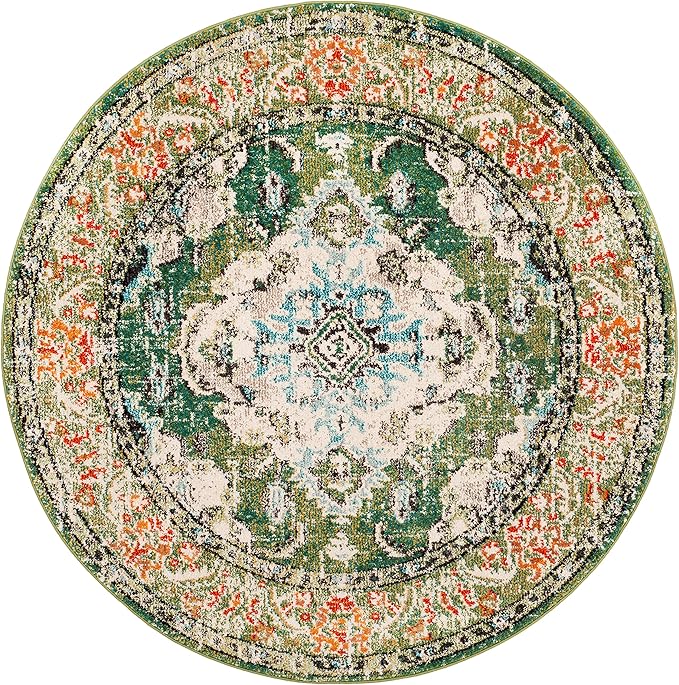 SAFAVIEH Monaco Collection Area Rug - 8' Round, Forest Green & Light Blue, Boho Medallion Distressed Design, Non-Shedding & Easy Care, Ideal for High Traffic Areas in Living Room, Bedroom (MNC243F)