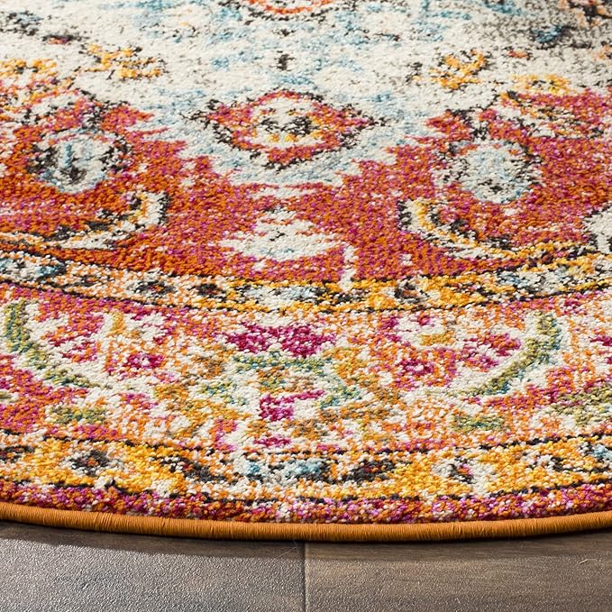 SAFAVIEH Monaco Collection Area Rug - 3' Round, Orange & Light Blue, Boho Chic Medallion Distressed Design, Non-Shedding & Easy Care, Ideal for High Traffic Areas in Living Room, Bedroom (MNC243H)
